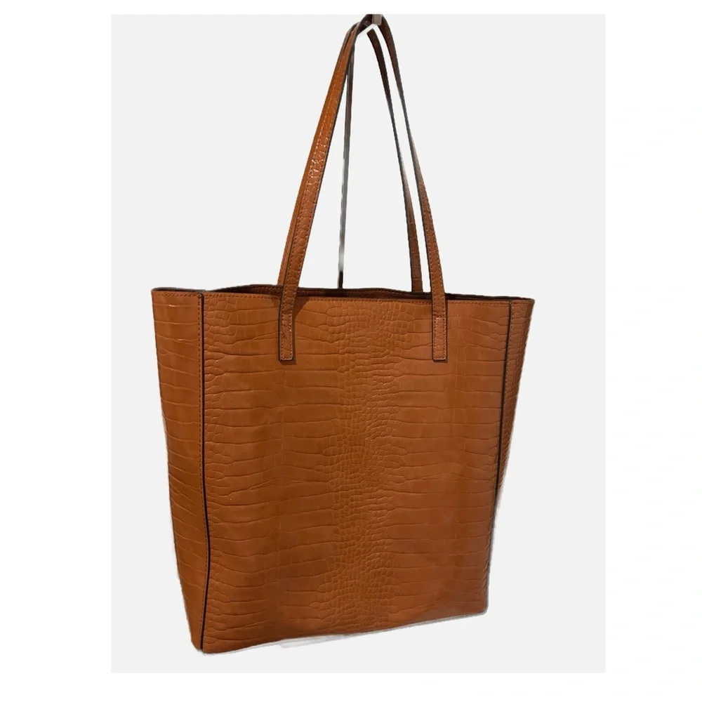 Steve Madden Kimmy multi pouch croco embossed faux leather tan tote.
